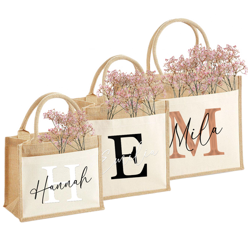 Nachhaltige Jute-Tasche mit deinem Name & Initial personalisiert | Geschenkidee Geschenk-Tasche Jute-Beutel Einkaufstasche aus Jute und Baumwolle